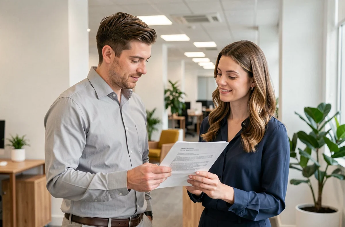 Conseiller d'emploi de l'agence Abalone à Rungis consultant un CV avec une candidate