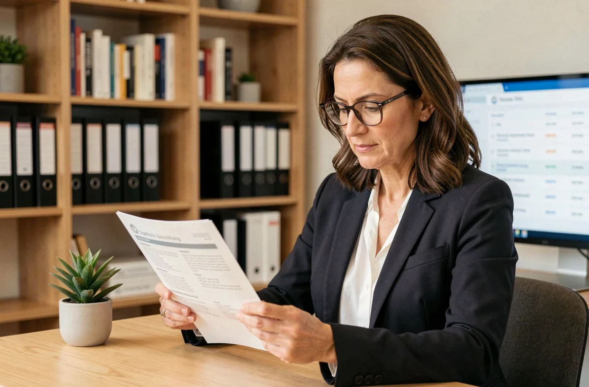 Spécialiste RH d'ABIL Ressources examinant le profil d'un candidat dans un bureau de conseil en recrutement