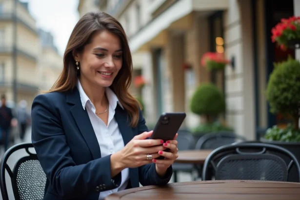 Femme professionnelle accédant à un portail sécurisé sur smartphone depuis un café parisien