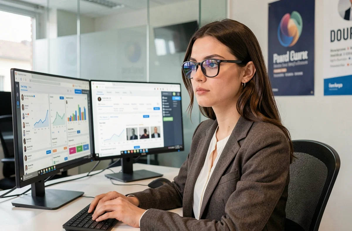 Spécialiste en communication digitale de l'agence Addictic à Tours devant ses écrans d'analyse