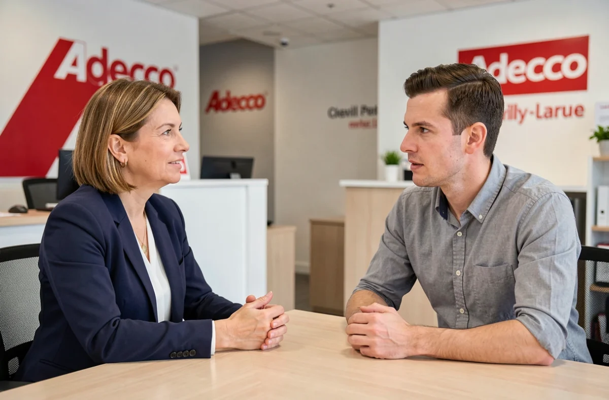 Entretien de recrutement dans les bureaux d'Adecco à Chevilly-Larue avec une conseillère et un candidat