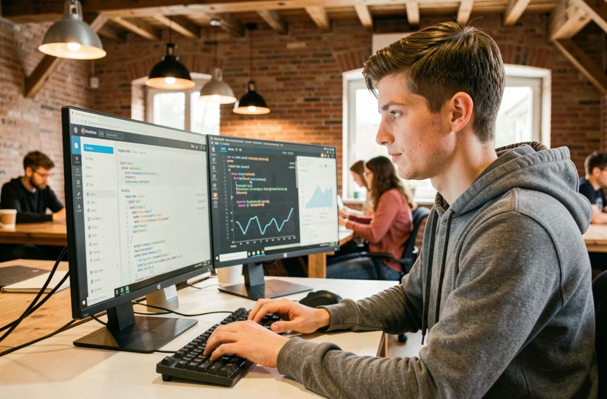 Développeur web et spécialiste SEO de l'agence 16h33 travaillant dans un espace de coworking en Nouvelle-Aquitaine