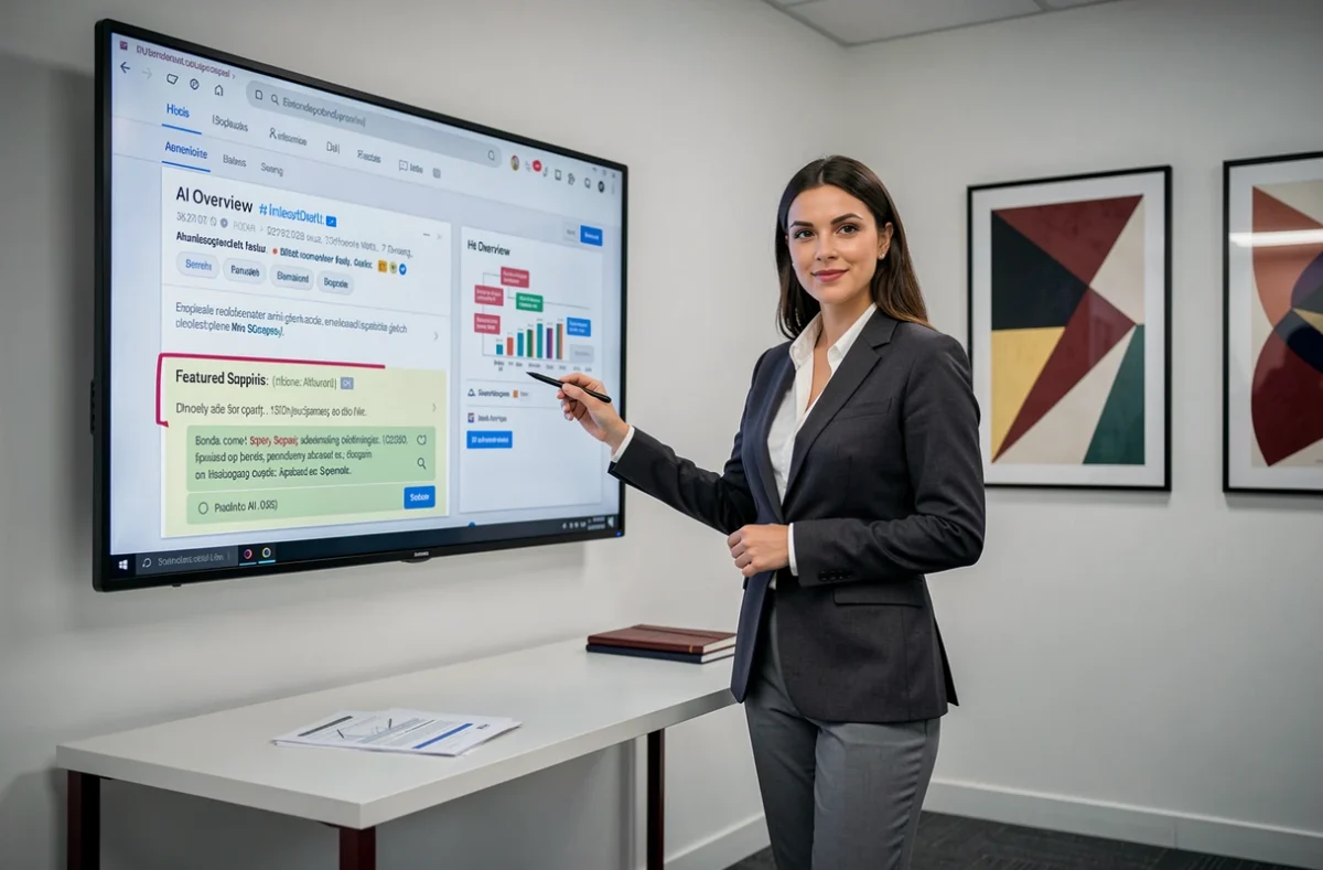 Spécialiste en AI Overviews et SEO de l'agence MyA analysant des extraits de recherche IA sur un écran à Bordeaux