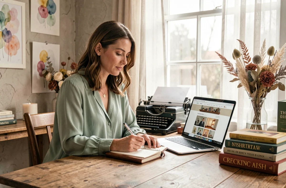 Stratège de contenu de l'agence Poesis écrivant dans un bureau littéraire et artisanal avec des œuvres éditoriales affichées