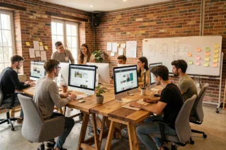 Vue panoramique d'une agence de création de sites internet en Indre-et-Loire avec des professionnels au travail