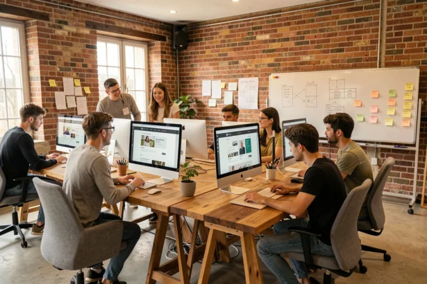 Vue panoramique d'une agence de création de sites internet en Indre-et-Loire avec des professionnels au travail