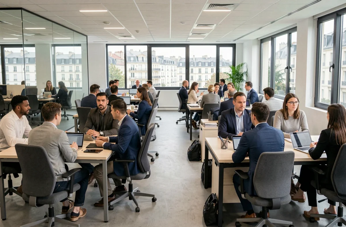 Bureau d'agence d'intérim animé dans le Val-de-Marne avec des professionnels en consultation