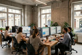 Vue d'ensemble d'une agence SEO en Nouvelle-Aquitaine avec des professionnels collaborant autour d'écrans affichant des tableaux de bord d'analyse