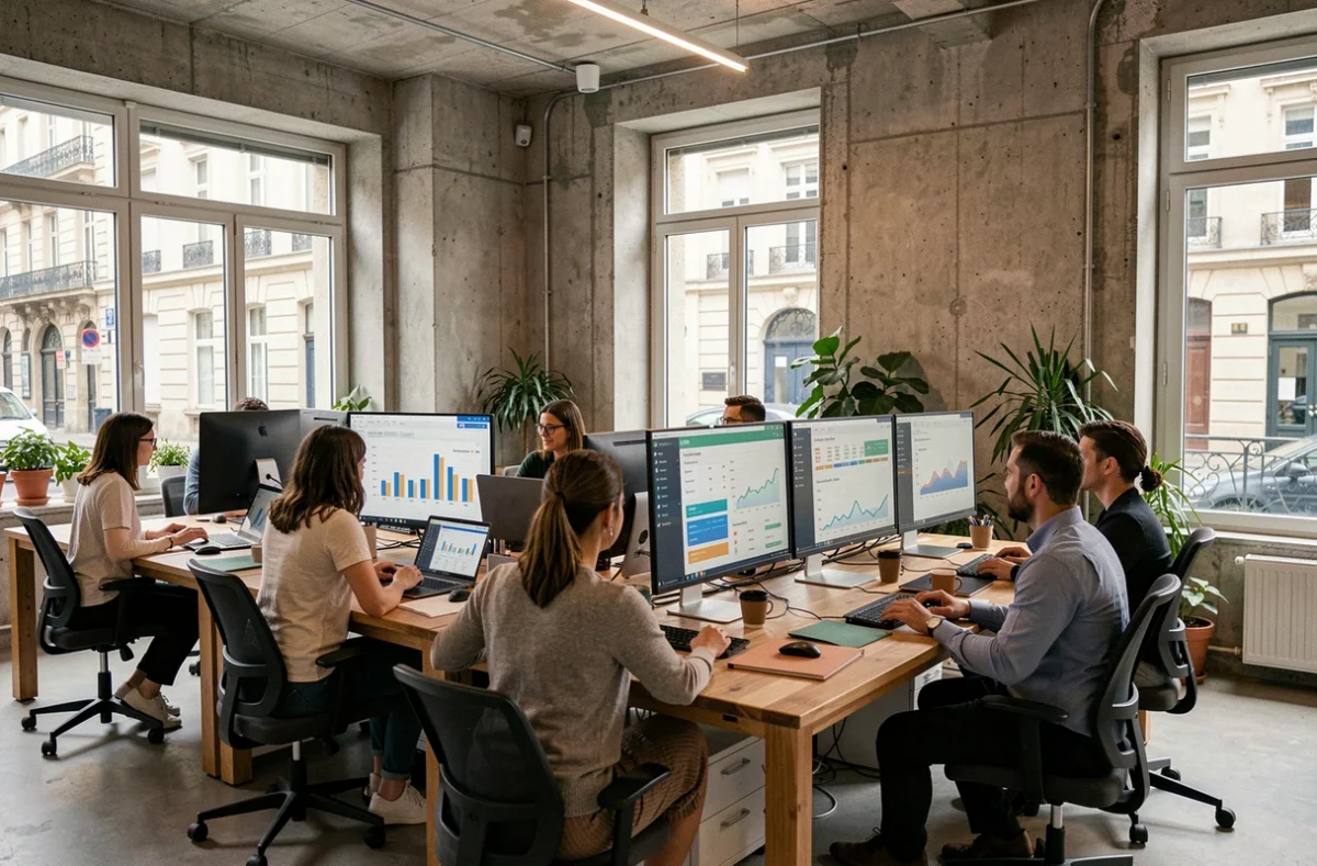 Vue d'ensemble d'une agence SEO en Nouvelle-Aquitaine avec des professionnels collaborant autour d'écrans affichant des tableaux de bord d'analyse