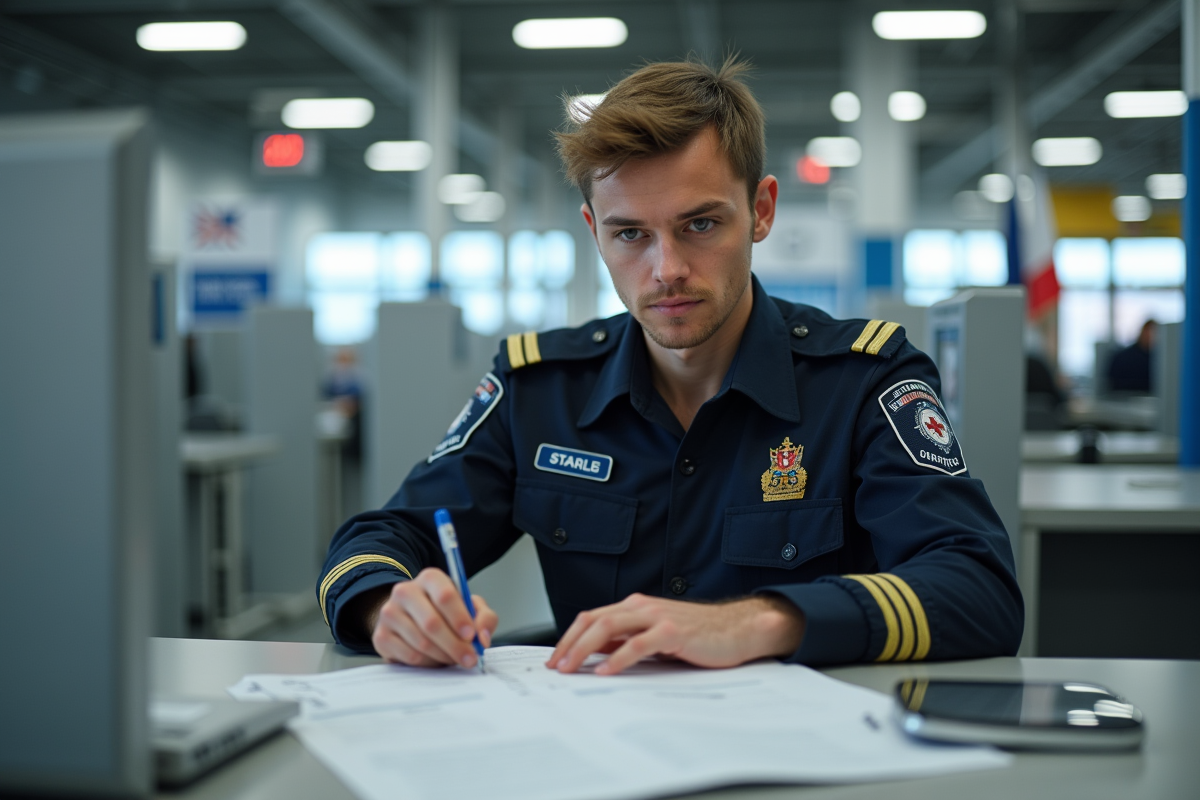 Agent de douane vérifiant des papiers à un poste frontière
