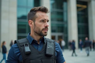 Agent de sécurité professionnel utilisant un système radio tactique Tacticom lors d'une mission de surveillance en milieu urbain