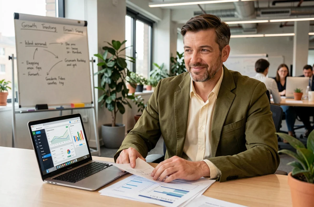 Consultant en croissance digitale de l'agence Amplement analysant des rapports de performance et des campagnes inbound dans un bureau moderne