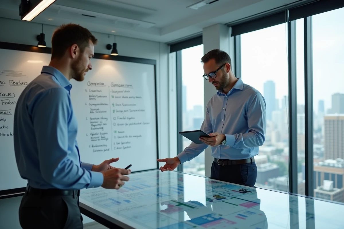 Deux analystes évaluant une matrice comparative de solutions de gestion d'entreprise sur une table tactile en salle de réunion