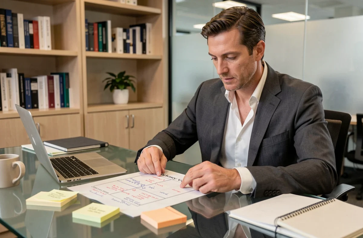 Cadre dirigeant analysant une matrice McKinsey annotée sur un bureau en verre dans un bureau d'entreprise