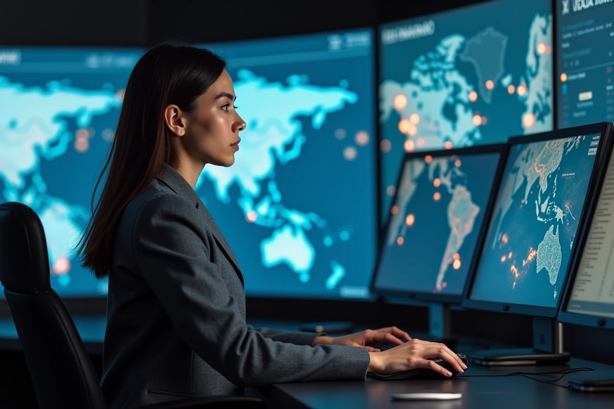 Jeune femme analyste maritime surveillant une carte digitale