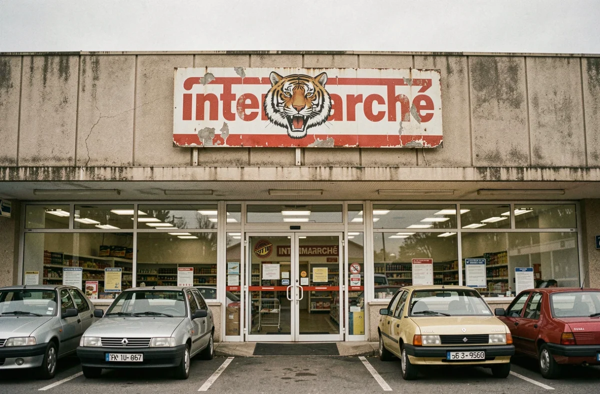 Façade d'un ancien supermarché Intermarché avec l'emblématique logo tigre des années 1980 sur panneau émaillé vieilli