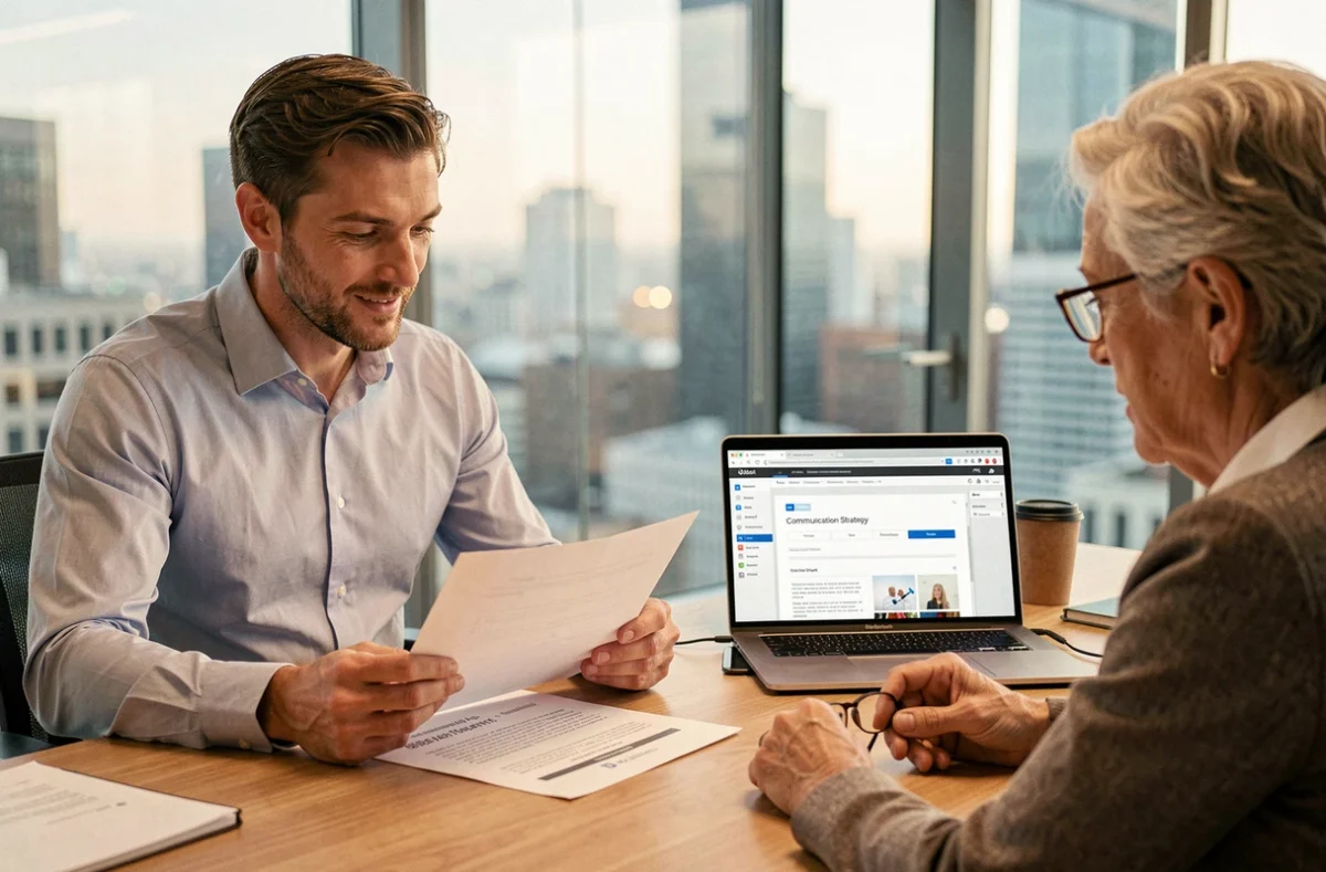 Consultant de ARJ Com en réunion de conseil en communication web avec un client