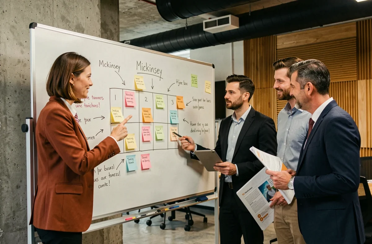 Équipe de direction collaborant autour d'un tableau blanc avec une matrice McKinsey lors d'un atelier stratégique