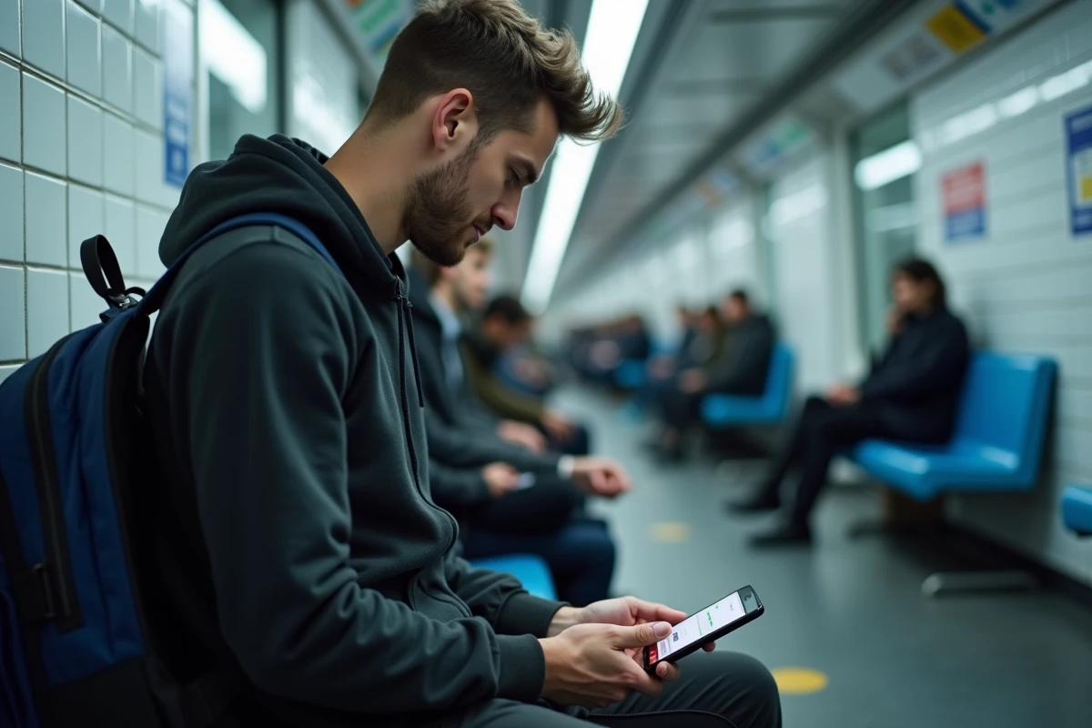 Jeune homme authentifiant son accès à IntraParis sur smartphone dans le métro parisien