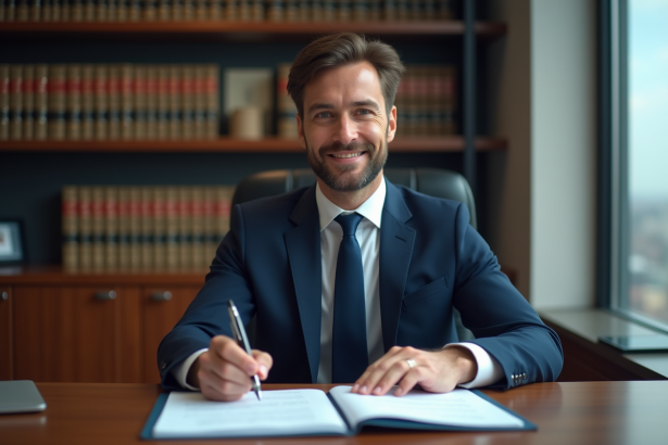 Avocat en costume navy dans son bureau professionnel