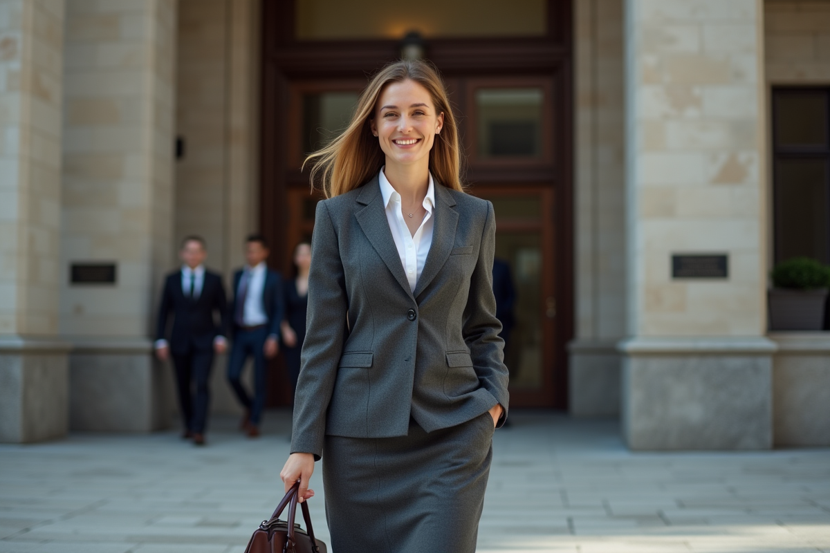 Jeune avocate devant le tribunal avec un sourire confiant