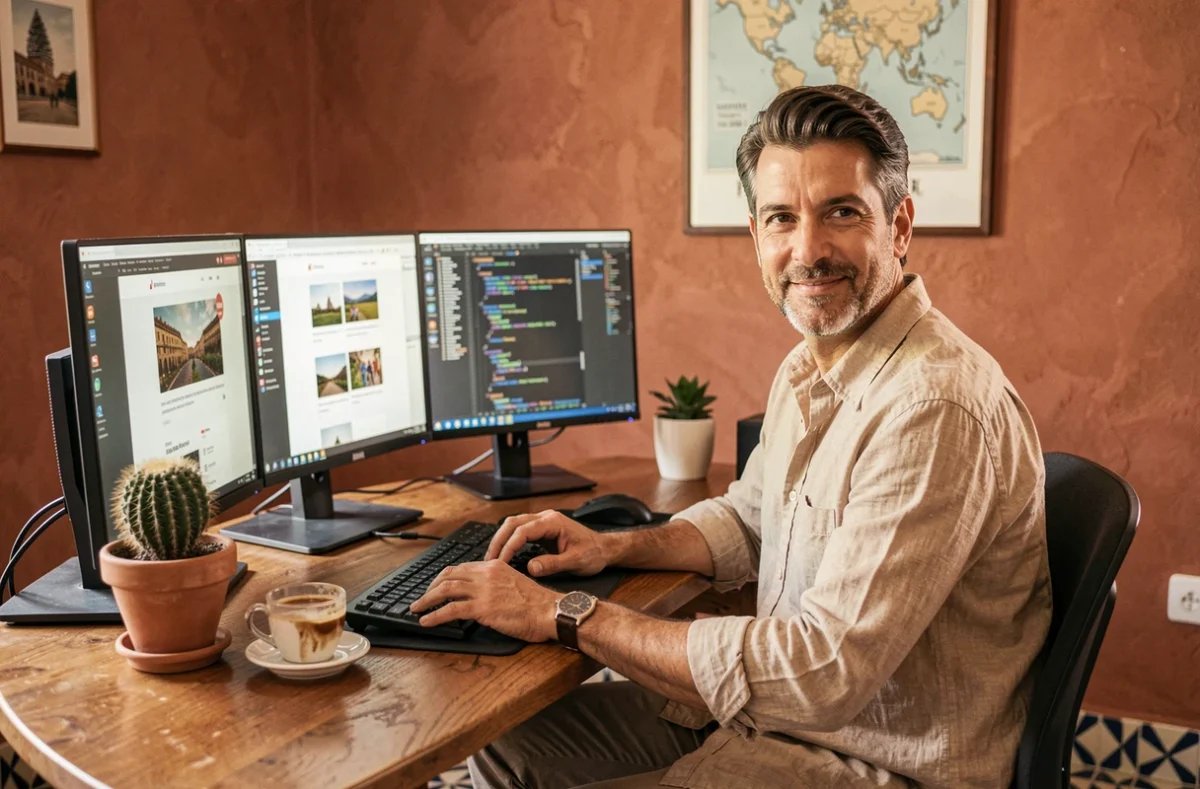 Développeur web de l'agence Barcelona Co travaillant sur des maquettes de sites responsives dans un bureau au style méditerranéen