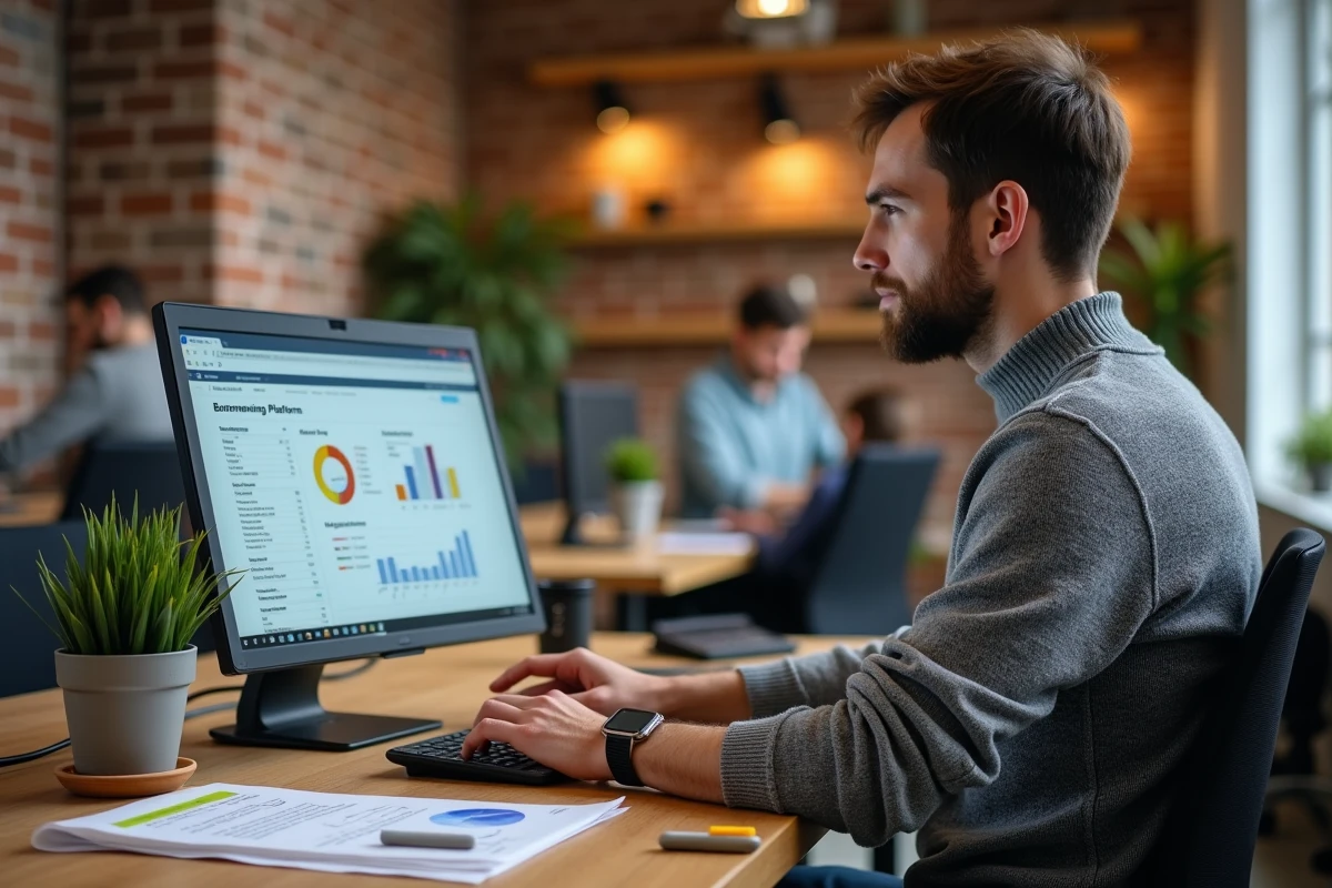 Professionnel indépendant analysant un benchmark comparatif de plateformes de gestion sur ordinateur portable dans un espace de coworking