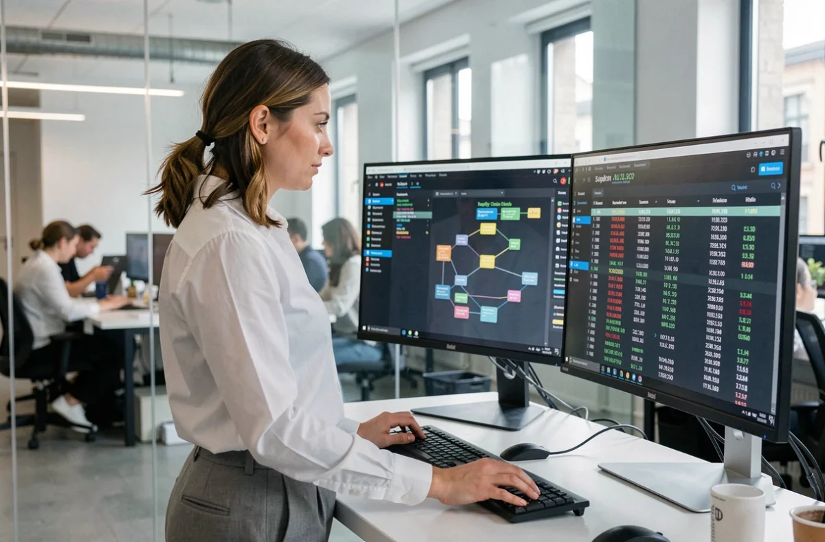 Analyste logistique examinant un tableau de bord blockchain de traçabilité sur deux écrans dans un bureau parisien
