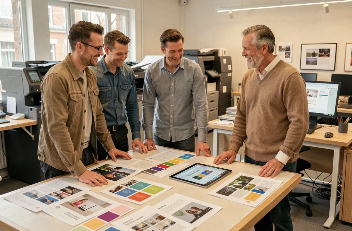 L'équipe de BTG agence de communication print et web à Tours autour d'une table de création