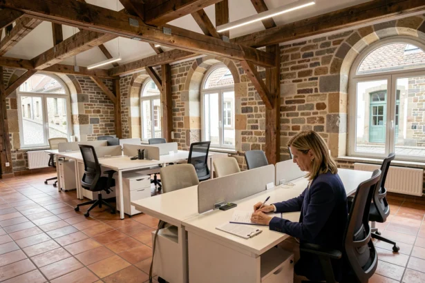 Espace de coworking dans un bâtiment alsacien rénové à Colmar avec bureau partagé et architecture traditionnelle