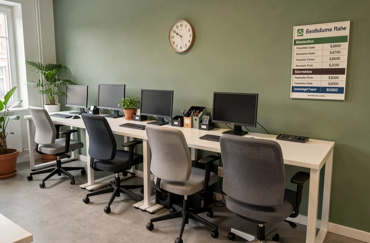Rangée de bureaux partagés dans un espace de coworking à tarif moyen à Caen avec tableau des prix affiché