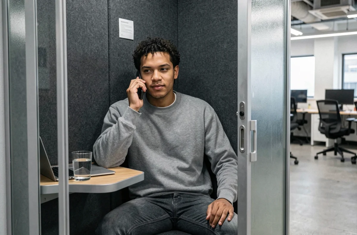 Freelance en cabine téléphonique isolée dans un espace de coworking haut de gamme à Caen