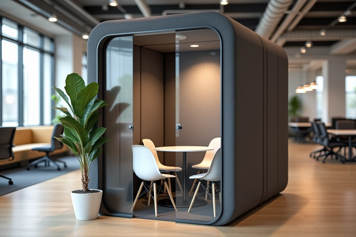 Cabine de réunion acoustique modulaire et démontable intégrée dans un espace de bureau contemporain à Lille
