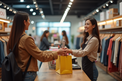 Vendeur souriant remettant un sac de shopping dans un magasin lumineux