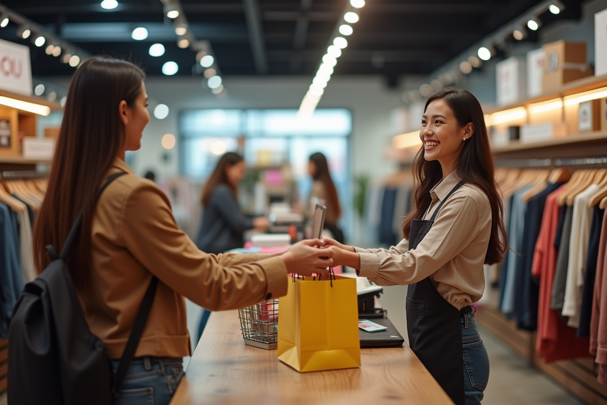 Vendeur souriant remettant un sac de shopping dans un magasin lumineux