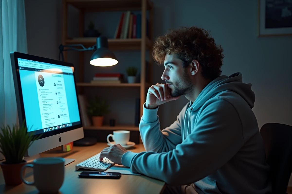 Jeune homme en télétravail consultant une application de suivi du temps sur ordinateur pour calculer ses heures supplémentaires