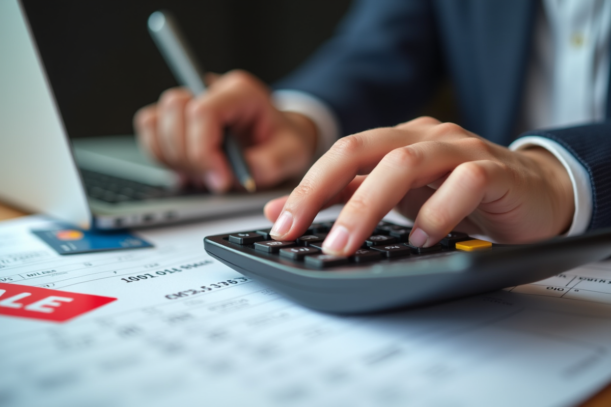Main utilisant une calculatrice avec étiquettes de soldes et reçus
