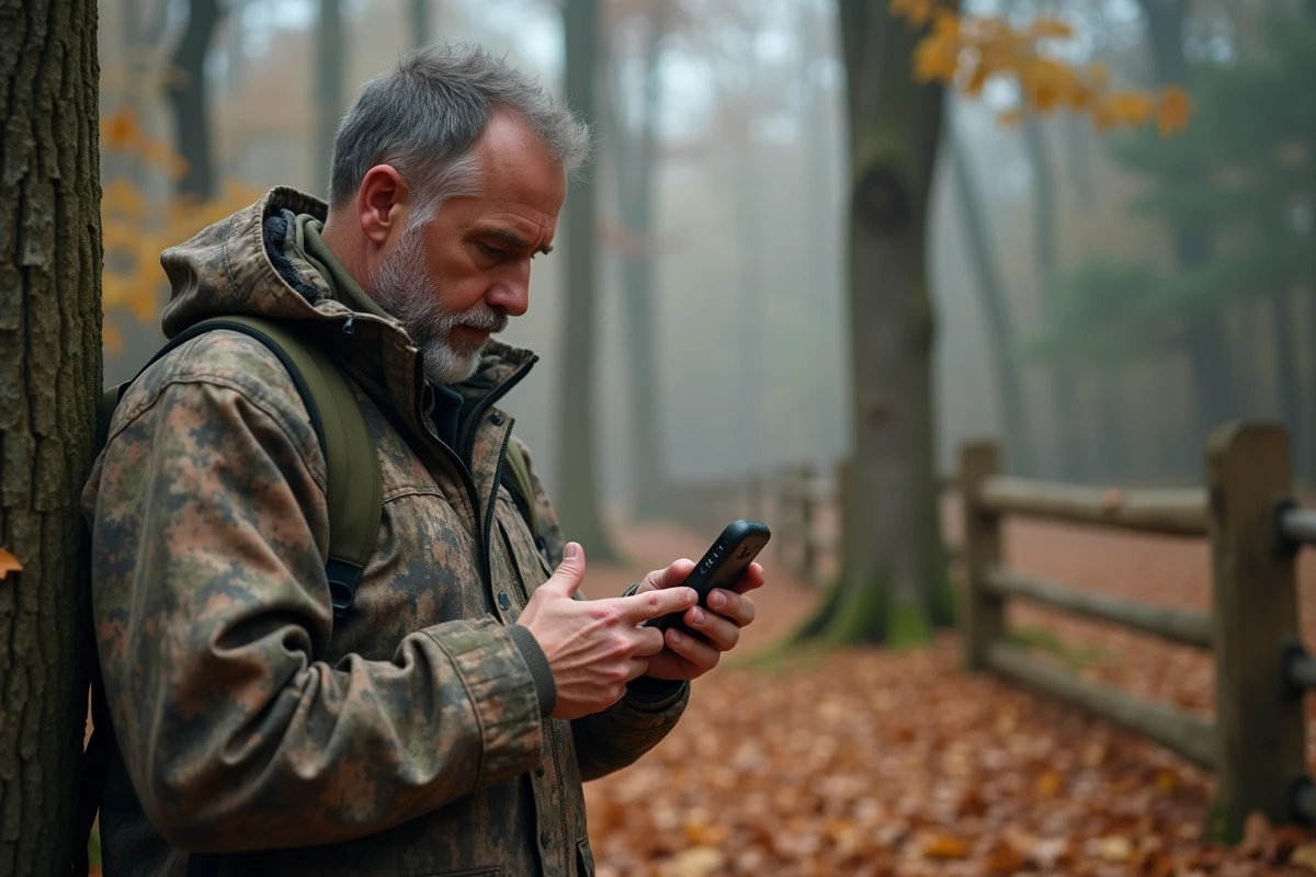 Chasseur en veste camouflage consultant des informations de chasse sur son smartphone en lisière de forêt en automne