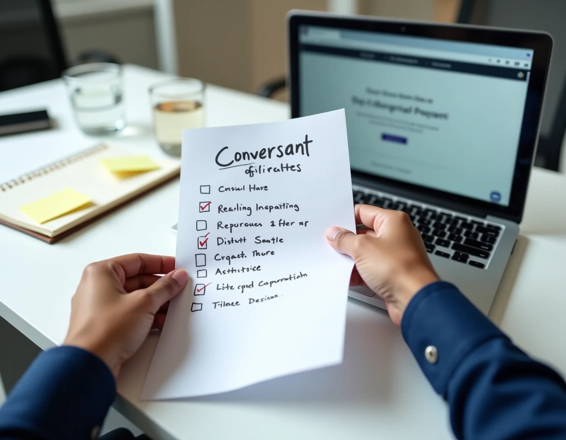 Mains tenant une checklist pour être accepté dans le programme d'affiliation Conversant avec un ordinateur ouvert