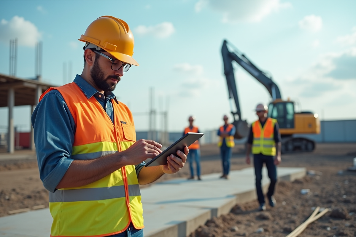 Chef de chantier avec tablette et robots autonomes sur un site de construction