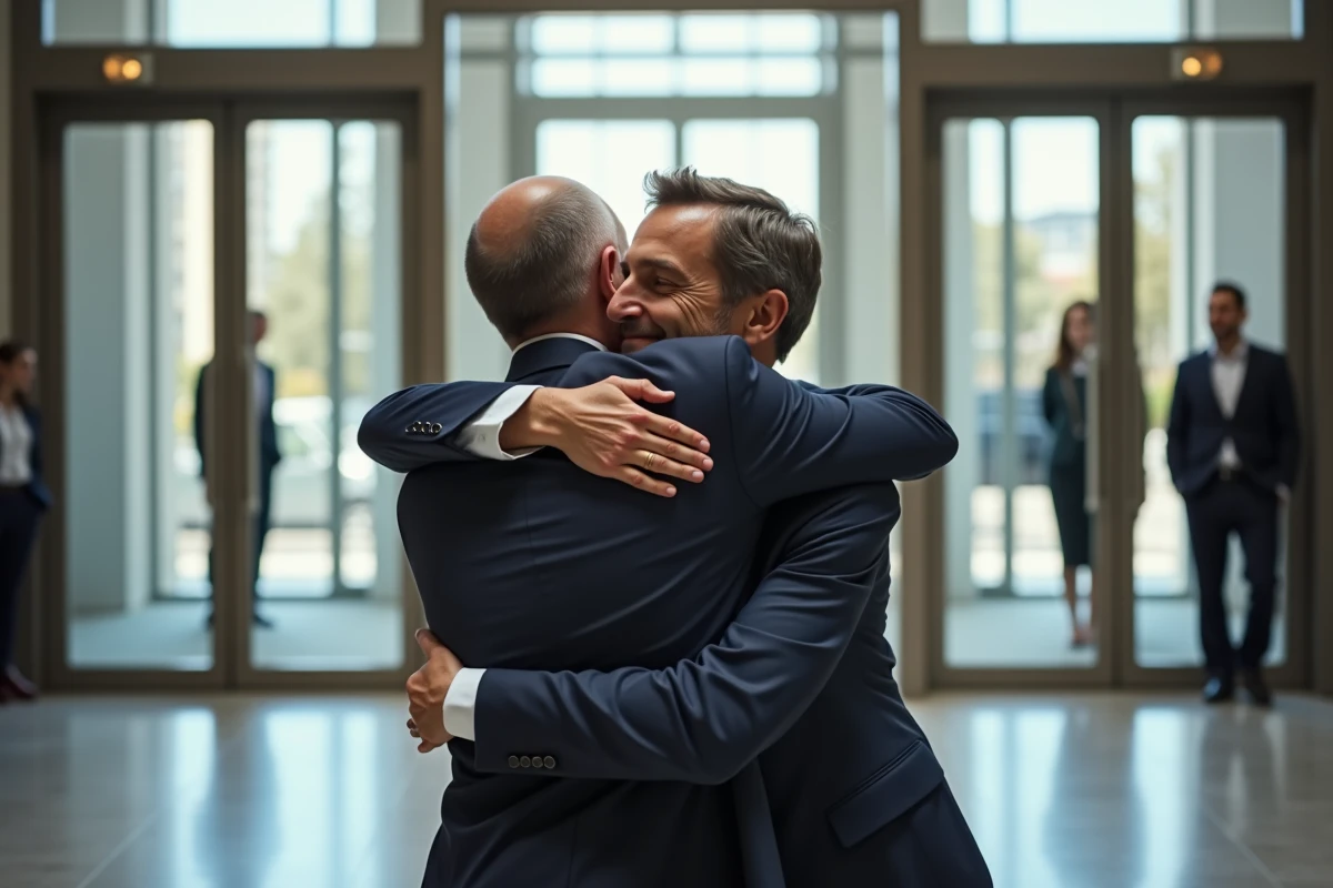 Femme en costume embrassant un collègue dans un hall spacieux
