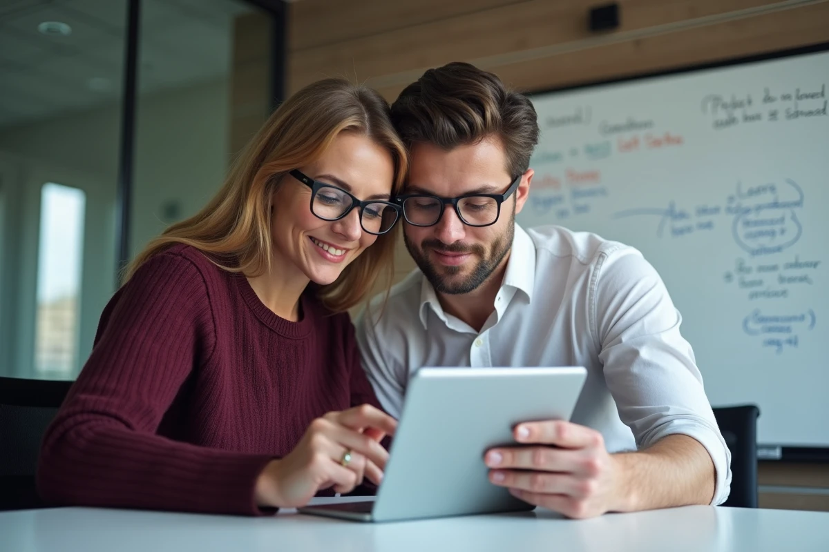 Deux collègues collaborant autour d'une tablette pour finaliser une première intégration avec un outil de connexion professionnelle