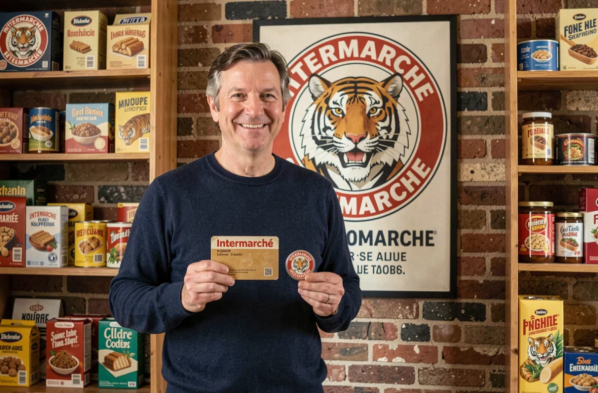 Collectionneur français posant avec des objets vintage Intermarché dont l'ancien logo tigre et une affiche rétro encadrée