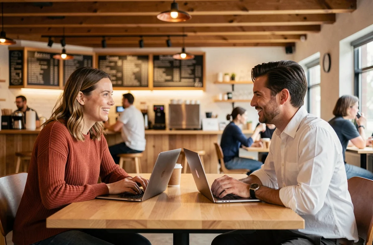 Deux collègues en discussion dans la zone café d'un espace de coworking, ordinateurs portables ouverts sur la table