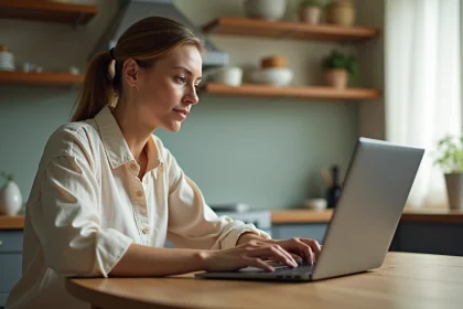 Femme commandant des fruits frais en ligne sur un site comme Comfruit depuis sa cuisine