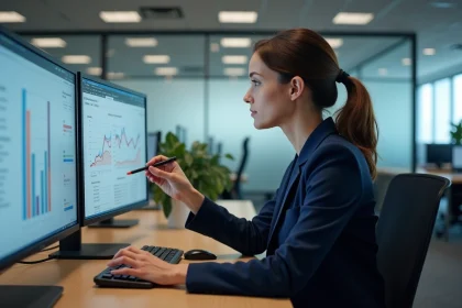Professionnelle comparant plusieurs logiciels de gestion sur deux écrans dans un bureau moderne, analyse comparative de solutions SaaS