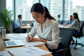 Femme en bureau comptant ses heures supplémentaires sur un carnet et un ordinateur portable avec des feuilles de temps imprimées