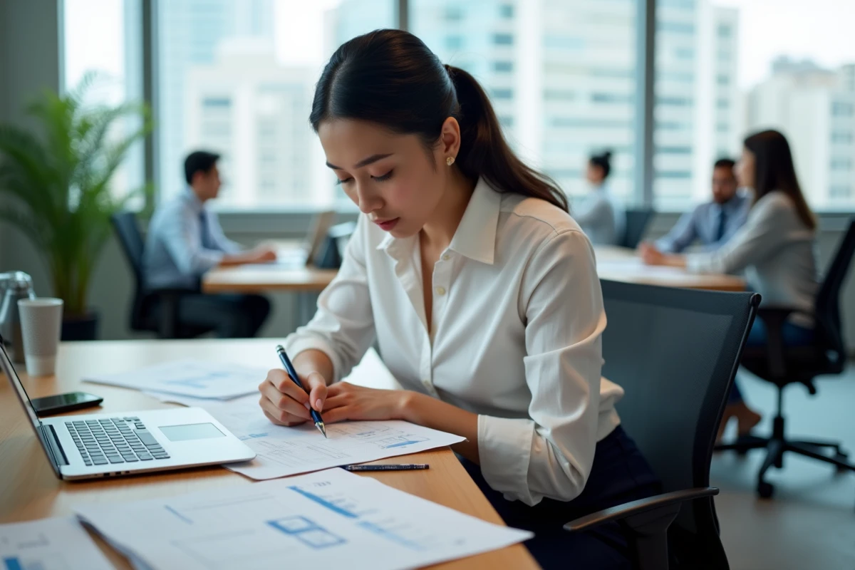 Femme en bureau comptant ses heures supplémentaires sur un carnet et un ordinateur portable avec des feuilles de temps imprimées