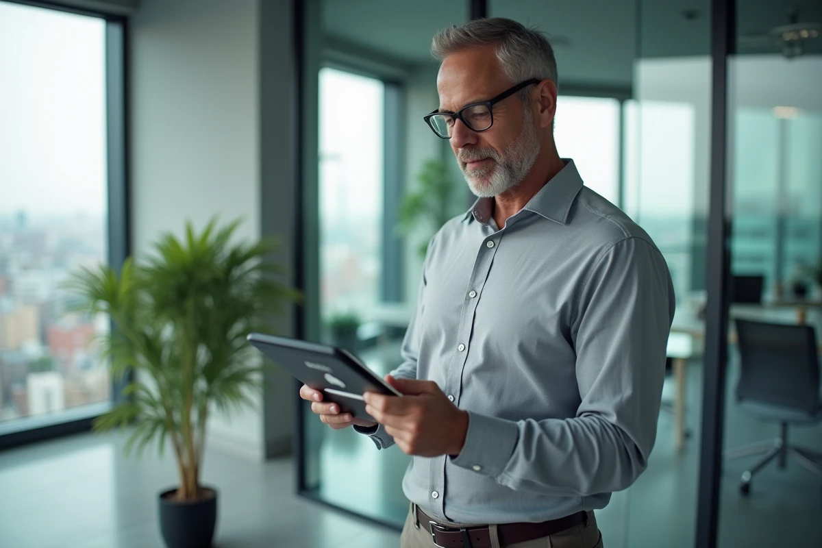Employé consultant un intranet sécurisé sur tablette dans un environnement de bureau moderne