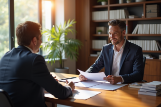 Conseiller juridique professionnel expliquant documents en bureau lumineux